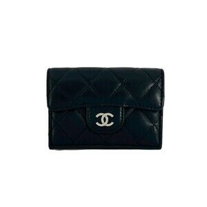 CHANEL Authentic Black Lambskin Leather Logo Wallet